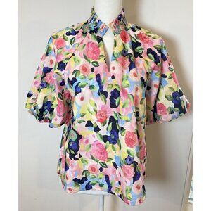 NWT THML Shirt Blouse Smocked Neckline Floral Puff Sleeves Pink Blue Green S New
